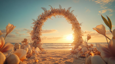 Soft floral beach wedding arch surrounded by seashell accents, glowing in the amber hues of a sunset. No people.の素材