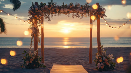 Romantic floral beach wedding arch with twinkling lights, basking in the warm glow of the setting sun. No people.の素材