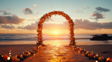 Romantic floral beach wedding arch with twinkling lights, basking in the warm glow of the setting sun. No people.の素材