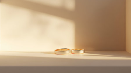 Two wedding bands resting on a minimalist light background, glowing softly in warm golden light.の素材