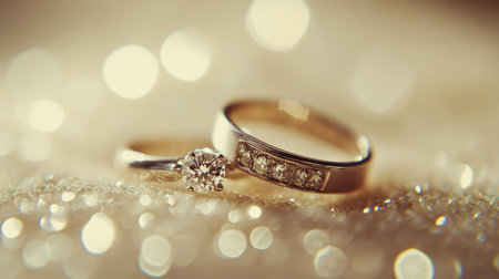 Wedding rings resting on a light cream-colored background with subtle bokeh for a romantic atmosphere.の素材