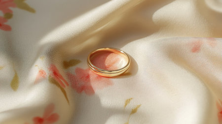 Two rings resting on a light pastel fabric with soft floral shadows for a romantic scene.の素材