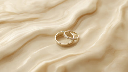 Wedding rings on a soft cream background with a subtle, warm golden glow for a romantic atmosphere.の素材