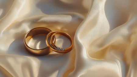 Two wedding rings resting on a soft white silk fabric, with a faint warm glow for a romantic feel.の素材