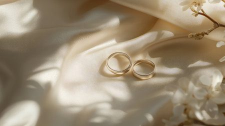 Two rings resting on a light pastel fabric with soft floral shadows for a romantic scene.の素材