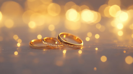 Wedding rings on a soft white background with a glowing golden light for a romantic atmosphere.の素材