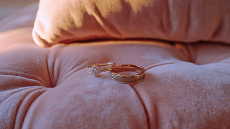 Wedding rings on a light pink velvet cushion with soft, warm lighting for a romantic setting.の素材