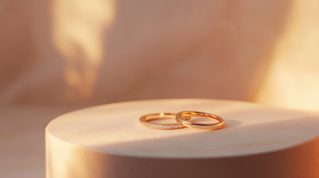 Two wedding bands resting on a minimalist light background, glowing softly in warm golden light.の素材