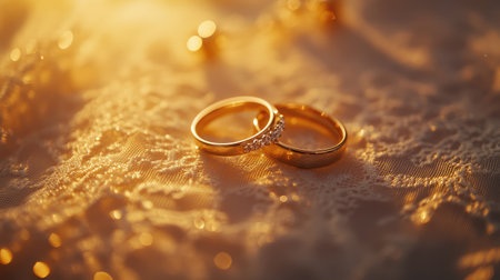 Wedding rings placed on a soft cream lace surface, glowing in golden sunset hues.の素材
