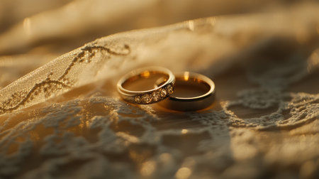 Wedding rings placed on a soft cream lace surface, glowing in golden sunset hues.の素材