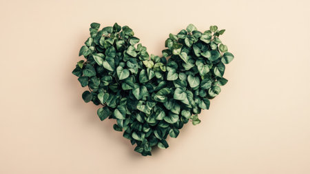 A heart shape formed with natural green leaves, displayed on a pale beige background.の素材