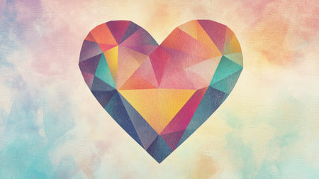 A colorful geometric heart illustration centered on a muted pastel backdrop.の素材