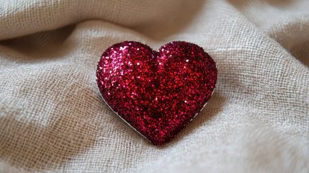 A glittering red heart brooch lying on a soft beige fabric background.の素材