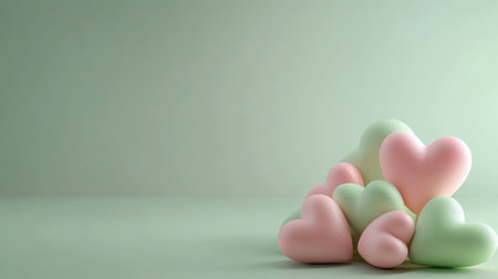 A playful arrangement of candy hearts on a pastel green background, symbolizing sweetness and love.の素材