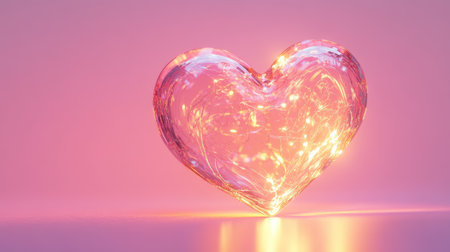 A heart symbol made of glowing neon lines, positioned on a soft pink gradient background.の素材