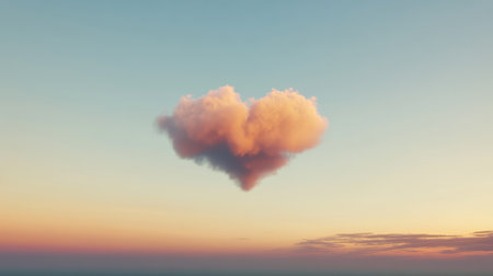 A floating heart-shaped cloud against a serene pale sunrise background.の素材