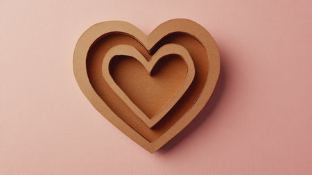 A heart cut out from brown craft paper, positioned on a soft pastel pink background.の素材
