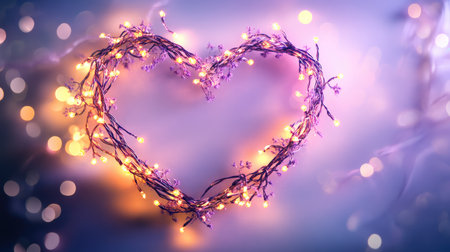 A heart shape made of twinkling fairy lights, glowing on a soft pastel purple background.の素材