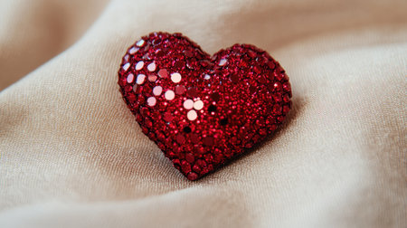 A glittering red heart brooch lying on a soft beige fabric background.の素材
