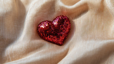 A glittering red heart brooch lying on a soft beige fabric background.の素材