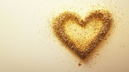 A heart symbol created with golden glitter sparkles, glowing on a creamy white background.の素材