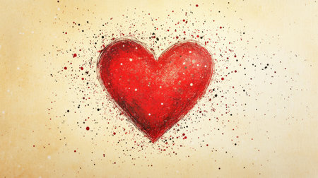 A hand-drawn red heart surrounded by tiny dots and dashes, centered on a pale yellow canvas.の素材