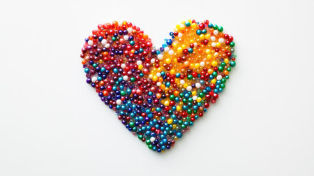 A heart symbol created using tiny colorful beads, arranged on a simple white surface.の素材
