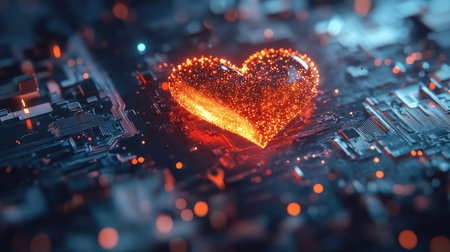 A digital heart glowing softly, surrounded by sparkles, on a futuristic silver background.の素材