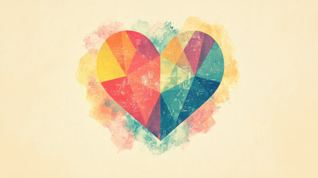 A colorful geometric heart illustration centered on a muted pastel backdrop.の素材