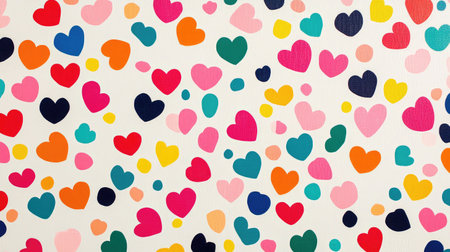 A cute polka-dot pattern with heart shapes, filling the frame with vibrant colors on a white background.の素材