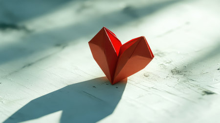 A red origami heart carefully folded and positioned on a bright white surface.の素材