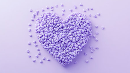 A mosaic of tiny hearts forming a larger heart shape on a soft lavender background.の素材