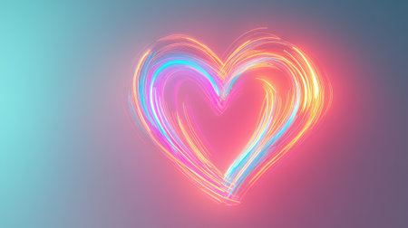 A glowing heart shape drawn with light trails on a soft pastel gradient background.の素材