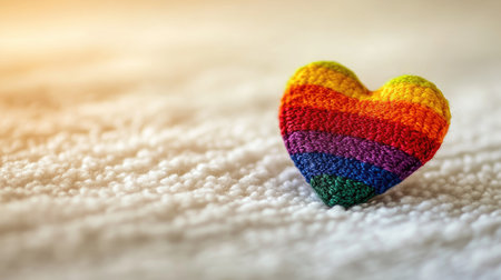 A rainbow heart symbol placed on a soft white surface, radiating inclusivity and warmth.の素材