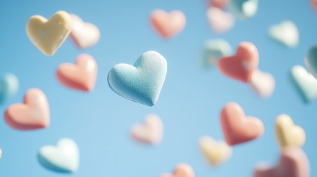 A group of small pastel-colored hearts floating gently on a light sky-blue background.の素材