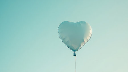 A heart-shaped balloon floating gently in front of a pale blue background.の素材