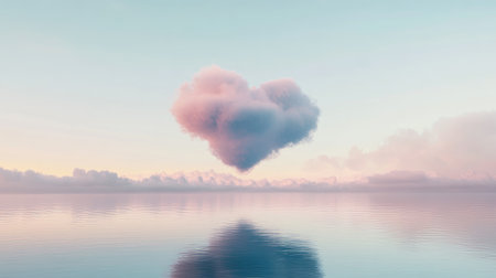 A floating heart-shaped cloud against a serene pale sunrise background.の素材