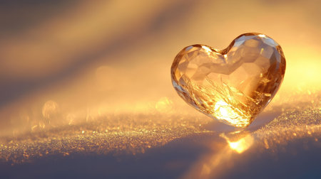 A single crystal heart resting on a smooth ivory surface, illuminated by subtle golden light.の素材
