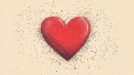 A hand-drawn red heart surrounded by tiny dots and dashes, centered on a pale yellow canvas.の素材
