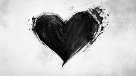 A minimalist black heart drawn on a chalky white background, expressing simplicity and elegance.の素材