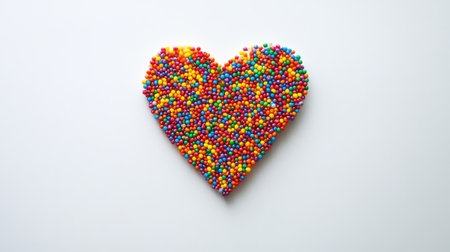 A heart symbol created using tiny colorful beads, arranged on a simple white surface.の素材