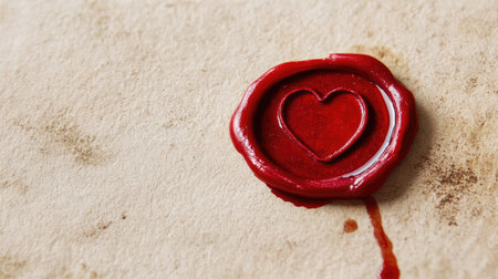 A red wax seal with a heart symbol stamped on a light beige paper background.の素材