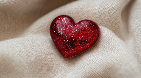 A glittering red heart brooch lying on a soft beige fabric background.の素材