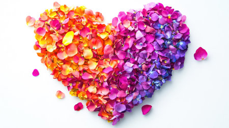 A vibrant heart symbol made of colorful flower petals, set against a pure white background.の素材