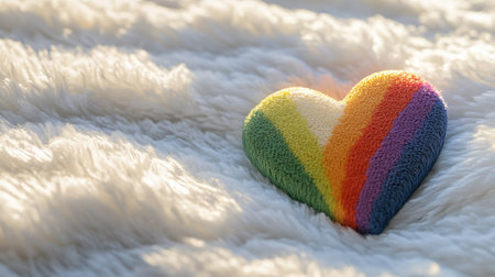 A rainbow heart symbol placed on a soft white surface, radiating inclusivity and warmth.の素材