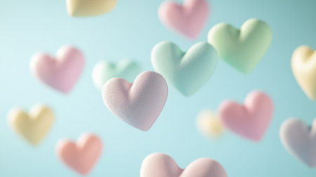 A group of small pastel-colored hearts floating gently on a light sky-blue background.の素材