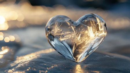A crystal-clear ice heart melting slowly on a smooth ivory surface.の素材