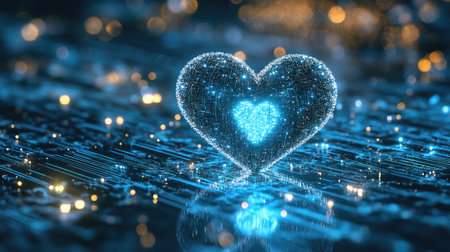 A digital heart glowing softly, surrounded by sparkles, on a futuristic silver background.の素材