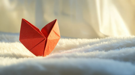 A red origami heart carefully folded and positioned on a bright white surface.の素材