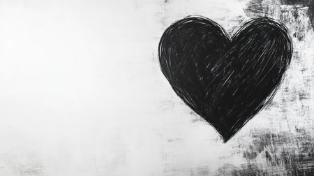A minimalist black heart drawn on a chalky white background, expressing simplicity and elegance.の素材